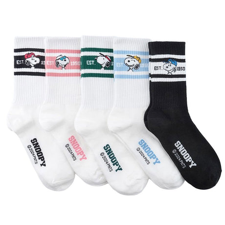 A set of five athletic crew socks in colored stripes of black, pink, green, light blue, and white. Snoopy's face wearing matching colored caps. All socks feature "EST. 1950" text and "SNOOPY" branding on the soles.