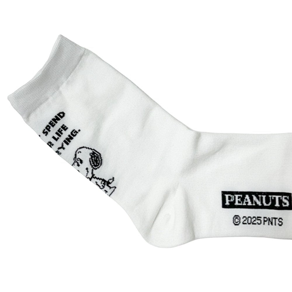 A set of three crew-length socks in white, beige, and black, celebrating Snoopy's 75th anniversary. Features clean, line-art illustrations of Snoopy and Woodstock in their most recognizable poses.