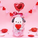 Official Sanrio Pochacco Valentine's Day Plush Gift Set in a clear ribbon package with a red heart balloon. Includes a small Pochacco holding a pink heart and a collectible themed box, perfect for Kawaii aesthetic gift ideas.