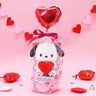 Official Sanrio Pochacco Valentine's Day Plush Gift Set in a clear ribbon package with a red heart balloon. Includes a small Pochacco holding a pink heart and a collectible themed box, perfect for Kawaii aesthetic gift ideas.