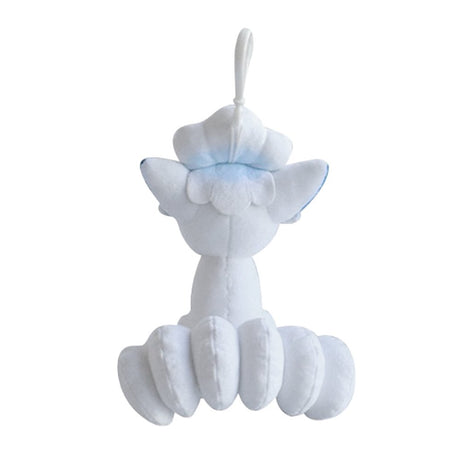 Plush keychain of Alolan Vulpix, a white and light blue fox Pokémon with curly fur on its head and multiple tails, featuring a white plastic clip for attachment.