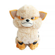 An officially licensed Pokemon plush toy of the Fire-type Arcanine, featuring its distinctive black jagged stripes, a giant fluffy cream-colored mane and chest, and a confident embroidered expression showing a single fang.