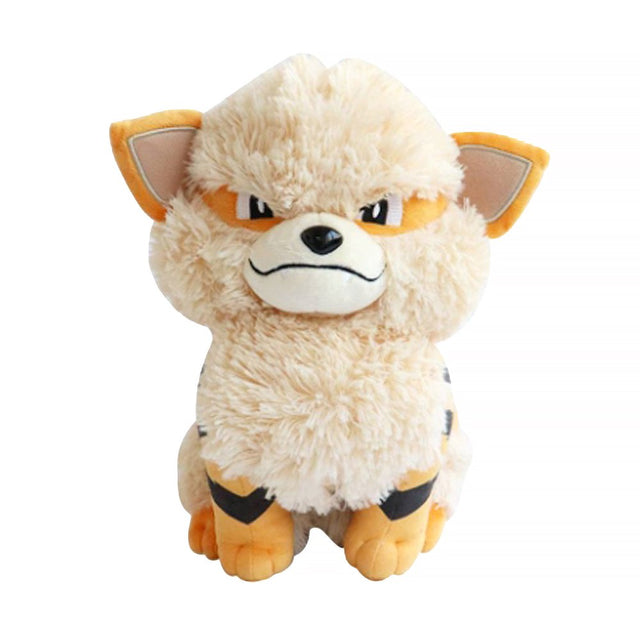 An officially licensed Pokemon plush toy of the Fire-type Arcanine, featuring its distinctive black jagged stripes, a giant fluffy cream-colored mane and chest, and a confident embroidered expression showing a single fang.