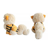 An officially licensed Pokemon plush toy of the Fire-type Arcanine, featuring its distinctive black jagged stripes, a giant fluffy cream-colored mane and chest, and a confident embroidered expression showing a single fang.