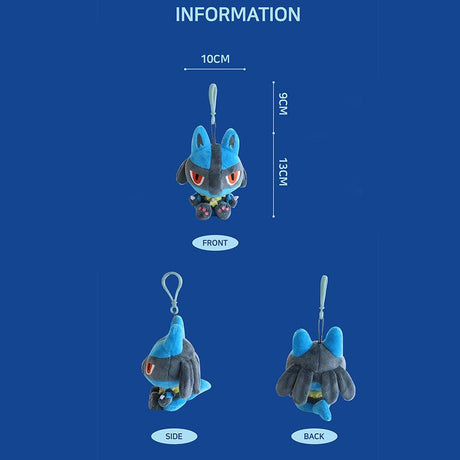 Pokemon Cutie-Pop Lucario Clip-On Plush Bag Charm Plush toy  with blue and gray fur, red eyes, and a yellow belly on a blue background. perfect size for backpack or keyring