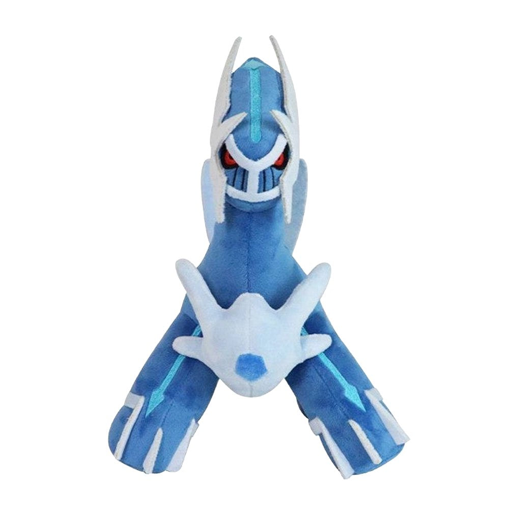 An officially licensed Dialga plush standing in a strong four-legged stance, featuring blue fur, white armor accents, and red eyes