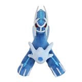 An officially licensed Dialga plush standing in a strong four-legged stance, featuring blue fur, white armor accents, and red eyes