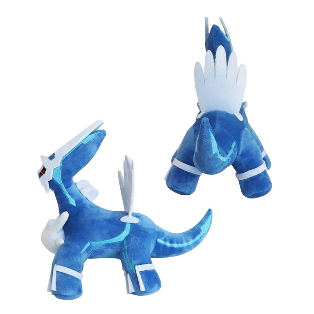 An officially licensed Dialga plush standing in a strong four-legged stance, featuring blue fur, white armor accents, and red eyes