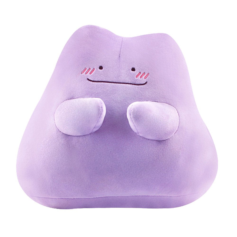 An officially licensed Pokémon Ditto plush toy in a vibrant light purple color. The plush features a simple smile, and three pink diagonal lines on each cheek to represent blushing.