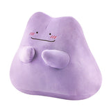 An officially licensed Pokémon Ditto plush toy in a vibrant light purple color. The plush features a simple smile, and three pink diagonal lines on each cheek to represent blushing.