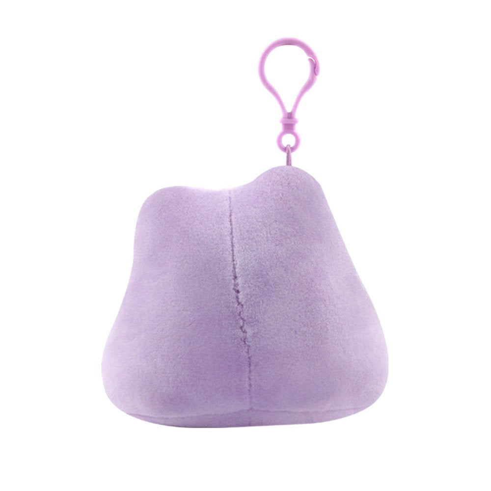 An officially licensed Pokémon Ditto plush clip-on keychain in a vibrant light purple color. The plush features a simple smile, and three pink diagonal lines on each cheek to represent blushing.