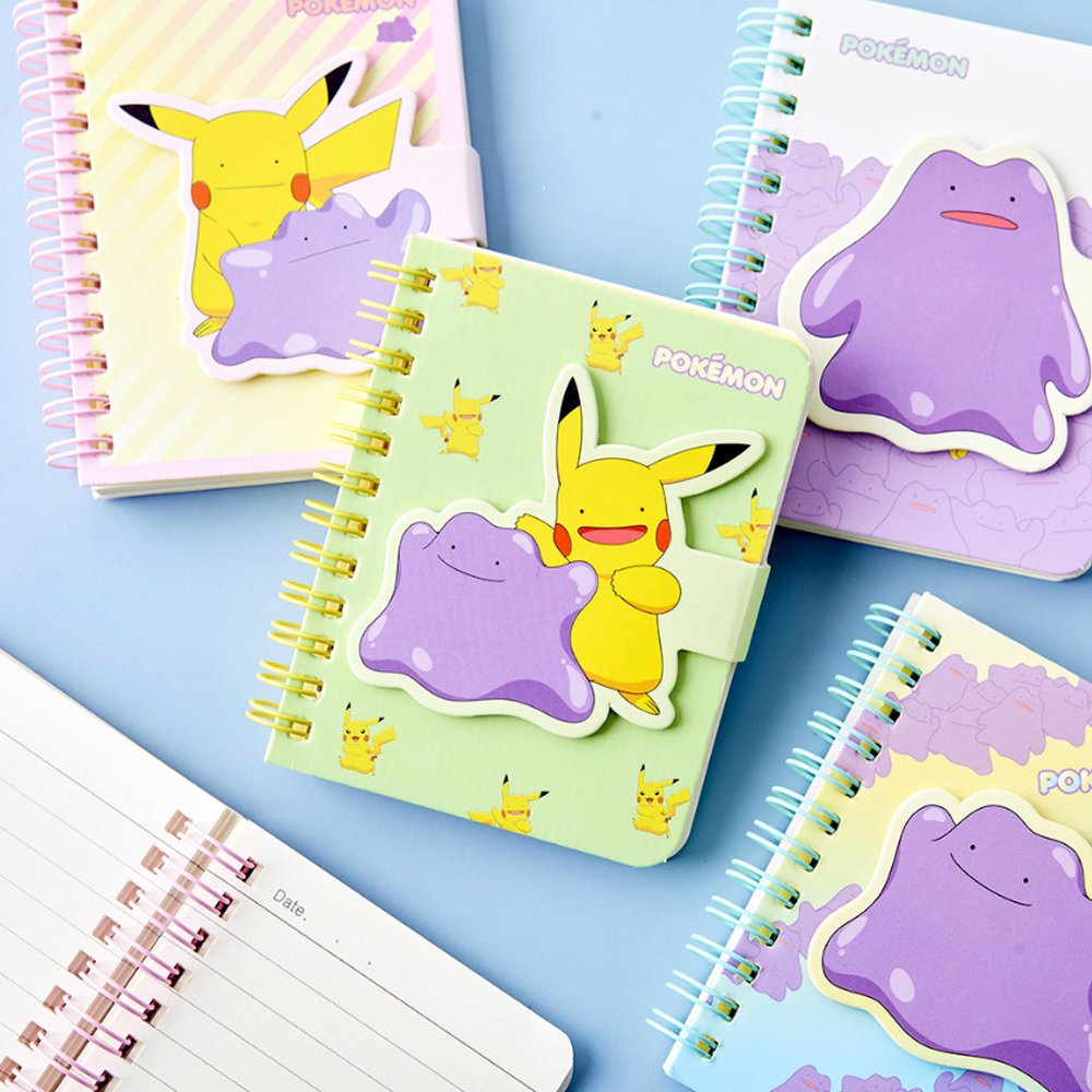 Officially licensed Pokemon spiral notebooks featuring magnetic closure flaps shaped like Ditto and Ditto-faced Pikachu