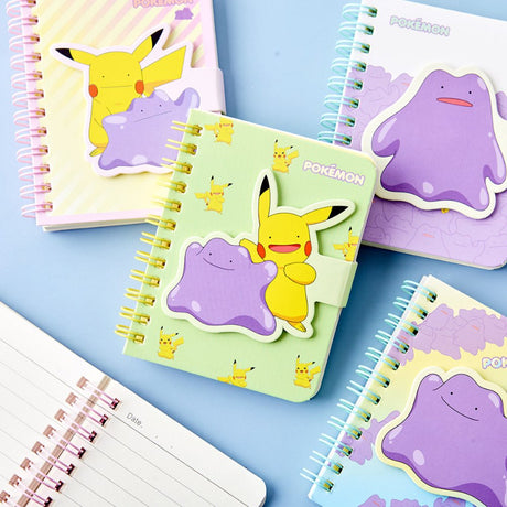 Officially licensed Pokemon spiral notebooks featuring magnetic closure flaps shaped like Ditto and Ditto-faced Pikachu