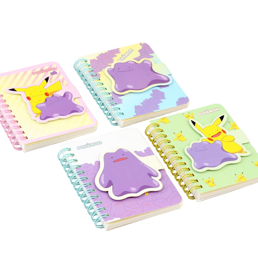 Officially licensed Pokemon spiral notebooks featuring magnetic closure flaps shaped like Ditto and Ditto-faced Pikachu
