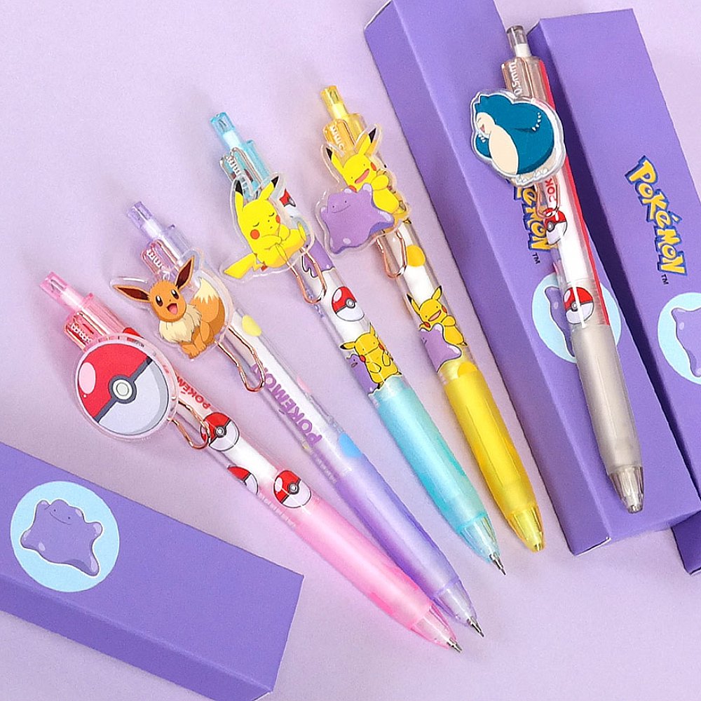 A full lineup of the officially licensed Pokemon mechanical pencil 7 blind boxes, featuring acrylic charm of Pikachu, Ditto, Eevee, Snorlax, and Pokeball