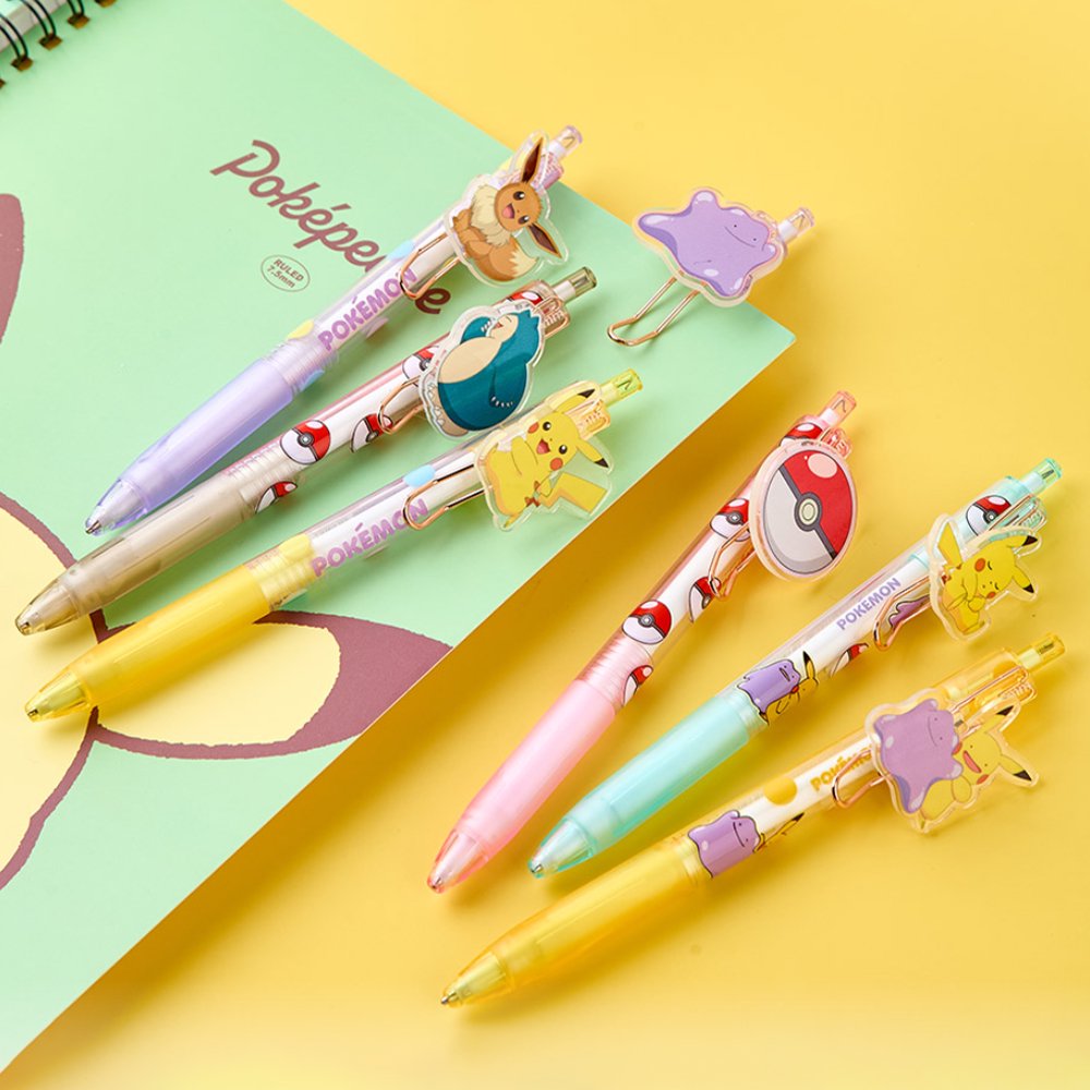 A full lineup of the officially licensed Pokemon mechanical pencil 7 blind boxes, featuring acrylic charm of Pikachu, Ditto, Eevee, Snorlax, and Pokeball