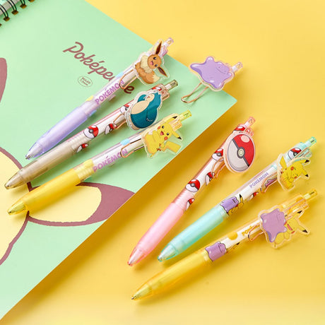 A full lineup of the officially licensed Pokemon mechanical pencil 7 blind boxes, featuring acrylic charm of Pikachu, Ditto, Eevee, Snorlax, and Pokeball
