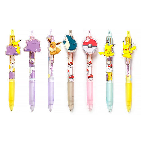 A full lineup of the officially licensed Pokemon mechanical pencil 7 blind boxes, featuring acrylic charm of Pikachu, Ditto, Eevee, Snorlax, and Pokeball