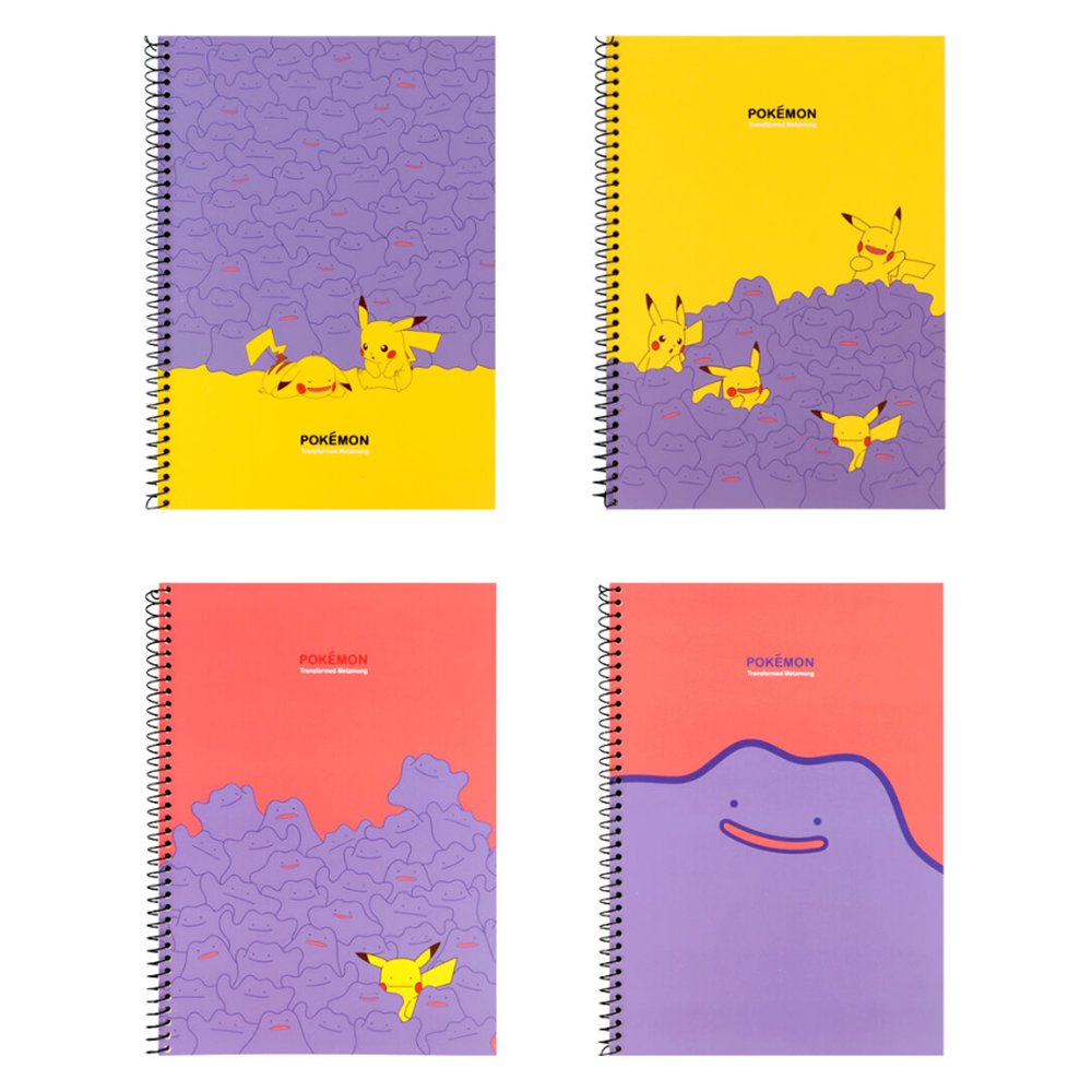 A set of four officially licensed Pokemon spiral notebooks featuring Ditto and Pikachu, with Ditto's transformation into Pikachu.