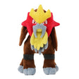 An officially licensed Pokemon Entei plush toy, showcasing its brown fur, red star-shaped face mask, and yellow crest. The plush stands on four legs with grey paws and features detailed embroidered eyes.
