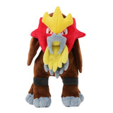 An officially licensed Pokemon Entei plush toy, showcasing its brown fur, red star-shaped face mask, and yellow crest. The plush stands on four legs with grey paws and features detailed embroidered eyes.
