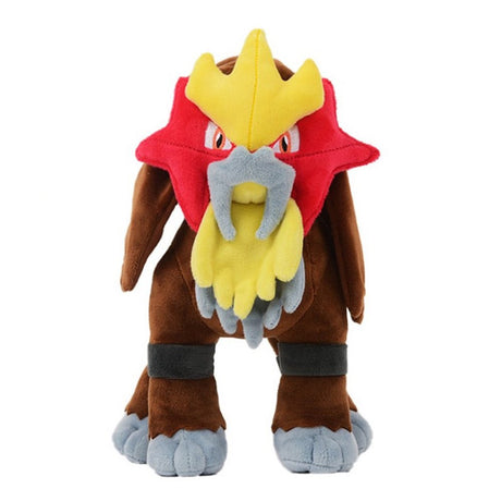 An officially licensed Pokemon Entei plush toy, showcasing its brown fur, red star-shaped face mask, and yellow crest. The plush stands on four legs with grey paws and features detailed embroidered eyes.
