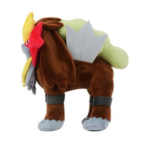 An officially licensed Pokemon Entei plush toy, showcasing its brown fur, red star-shaped face mask, and yellow crest. The plush stands on four legs with grey paws and features detailed embroidered eyes.
