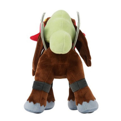 An officially licensed Pokemon Entei plush toy, showcasing its brown fur, red star-shaped face mask, and yellow crest. The plush stands on four legs with grey paws and features detailed embroidered eyes.
