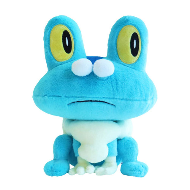 An officially licensed Pokemon plush toy of the Water-type starter Froakie, featuring oversized yellow embroidered eyes, a fluffy white cloud-like collar, and small cream-colored webbed hands resting on the ground.
