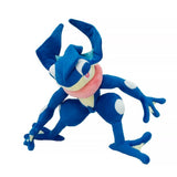 An officially licensed Pokemon Greninja plush toy in a dynamic crouching ninja pose, featuring a deep blue body, cream-colored underbelly, and a soft pink plush tongue wrapped around its neck like a scarf