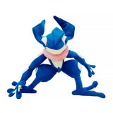 An officially licensed Pokemon Greninja plush toy in a dynamic crouching ninja pose, featuring a deep blue body, cream-colored underbelly, and a soft pink plush tongue wrapped around its neck like a scarf