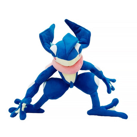 An officially licensed Pokemon Greninja plush toy in a dynamic crouching ninja pose, featuring a deep blue body, cream-colored underbelly, and a soft pink plush tongue wrapped around its neck like a scarf