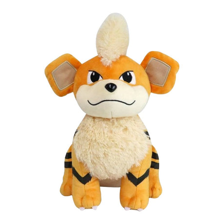 An officially licensed Pokemon plush toy of the Fire-type Growlithe, featuring black stripes on its legs, a large cream-colored fluffy mane and chest, and determined embroidered eyes.