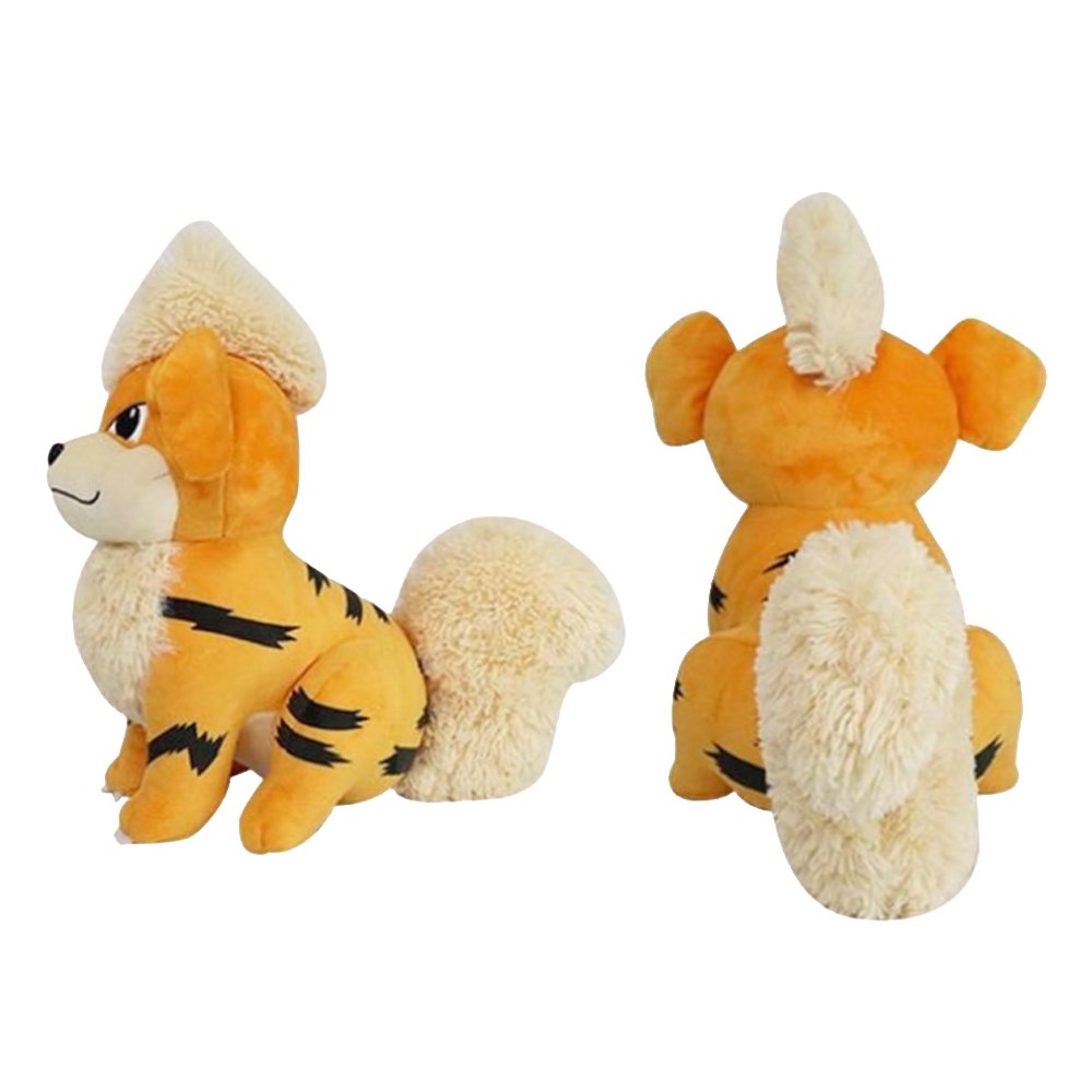 An officially licensed Pokemon plush toy of the Fire-type Growlithe, featuring black stripes on its legs, a large cream-colored fluffy mane and chest, and determined embroidered eyes.