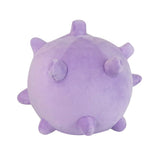 An officially licensed Pokemon Koffing plush toy with a spherical, purple body, wide-open mouth displaying small fangs and a red inner tongue, vacant white eyes, and a prominent yellow skull-and-crossbones emblem on its lower belly