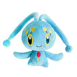 An officially licensed Pokemon Manaphy plush toy featuring a vibrant light-blue body, long floppy antennae with round tips, and detailed embroidery including a red gem on its chest and large yellow-rimmed eyes