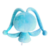 An officially licensed Pokemon Manaphy plush toy featuring a vibrant light-blue body, long floppy antennae with round tips, and detailed embroidery including a red gem on its chest and large yellow-rimmed eyes