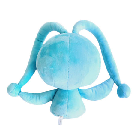An officially licensed Pokemon Manaphy plush toy featuring a vibrant light-blue body, long floppy antennae with round tips, and detailed embroidery including a red gem on its chest and large yellow-rimmed eyes