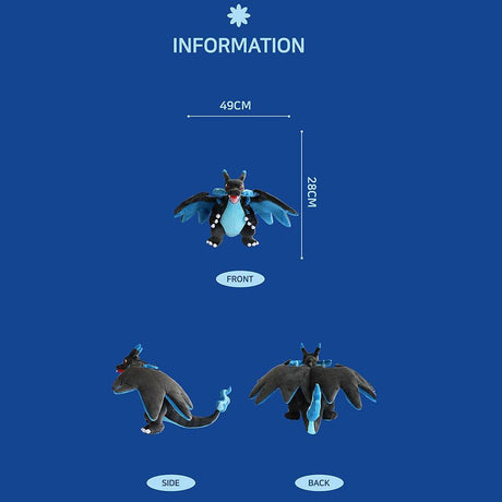 Pokemon_Mega_Charizard_ plush dragon toy with measurements on a blue background