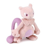 A soft plush toy of the Pokémon Mewtwo, featuring its light purple body, darker purple belly, and long tail, standing upright on a white background