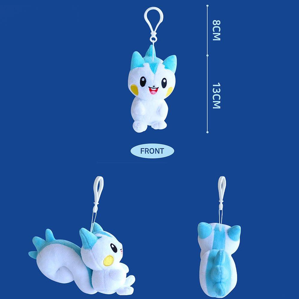 Detailed views of the Pokémon Pachirisu Clip-On Plush Keychain, showing Front, Side, and Back angles. This authentic mini stuffed animal features a durable white bag clip and measures 8cm (clip) and 13cm (plush body) in length. An ideal size-specific gift for kids and elementary students seeking a compact school bag accessory with fluffy tail and blue ear details
