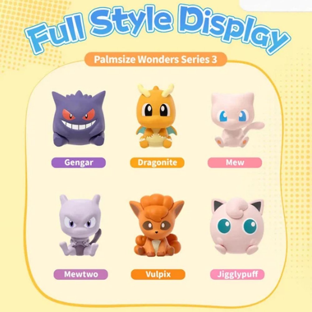 Officially licensed Pokemon Palmsize Wonders Vol. 3 Poke Ball mystery capsules arranged in a display box alongside stylized mini figures of Gengar, Dragonite, Mew, Mewtwo, Vulpix, and Jigglypuff
