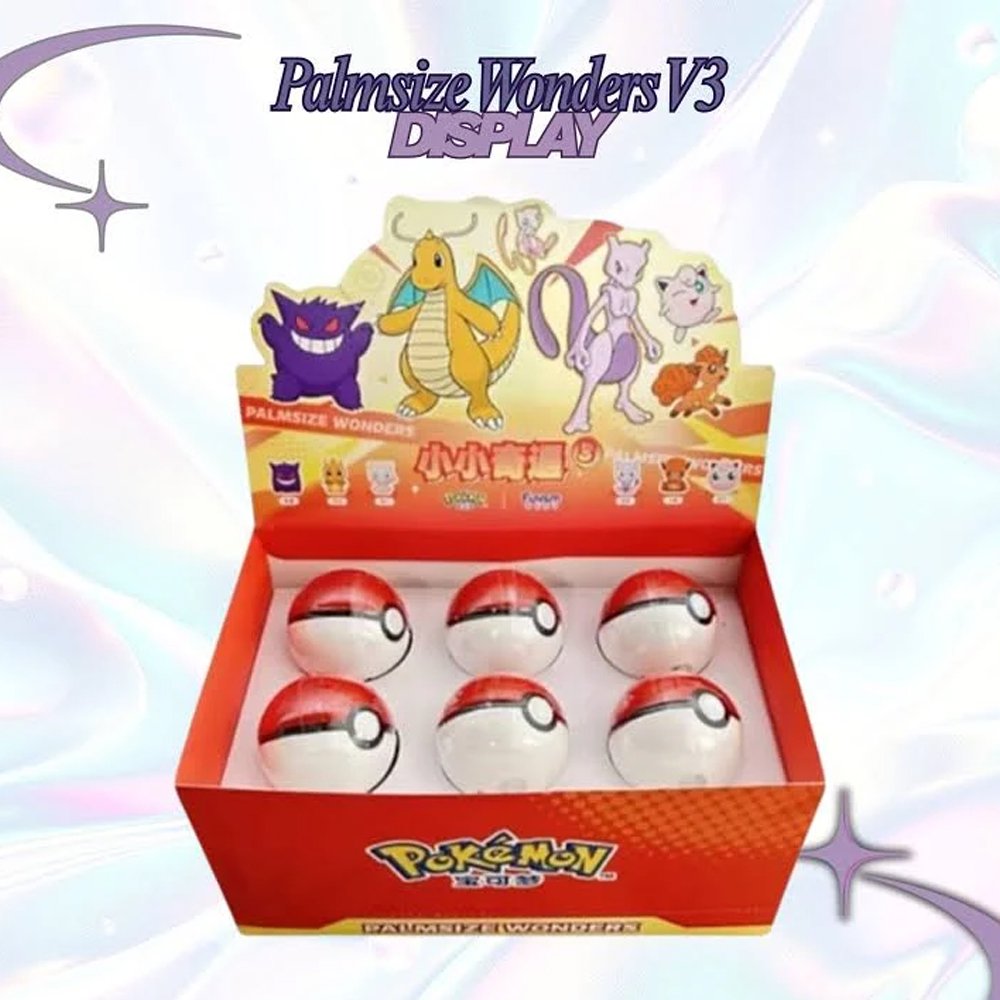 Officially licensed Pokemon Palmsize Wonders Vol. 3 Poke Ball mystery capsules arranged in a display box alongside stylized mini figures of Gengar, Dragonite, Mew, Mewtwo, Vulpix, and Jigglypuff