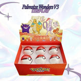 Officially licensed Pokemon Palmsize Wonders Vol. 3 Poke Ball mystery capsules arranged in a display box alongside stylized mini figures of Gengar, Dragonite, Mew, Mewtwo, Vulpix, and Jigglypuff