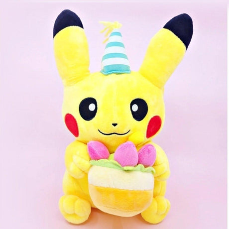 Officially licensed Pokemon Pikachu plush wears a charming party hat topped with a bright yellow tassel, and holing a cake for celebrating a special day.