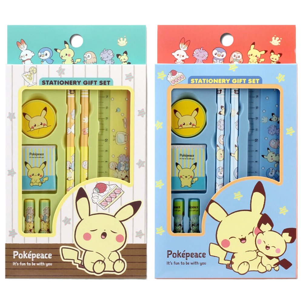 Two officially licensed Pokemon "Pokepeace" stationery gift sets side-by-side. The sets include two pencils, a ruler, a sharpener, an eraser, and two pencil caps.