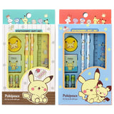 Two officially licensed Pokemon "Pokepeace" stationery gift sets side-by-side. The sets include two pencils, a ruler, a sharpener, an eraser, and two pencil caps.