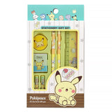 Two officially licensed Pokemon "Pokepeace" stationery gift sets side-by-side. The sets include two pencils, a ruler, a sharpener, an eraser, and two pencil caps.
