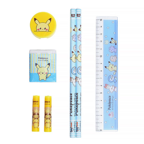 Two officially licensed Pokemon "Pokepeace" stationery gift sets side-by-side. The sets include two pencils, a ruler, a sharpener, an eraser, and two pencil caps.
