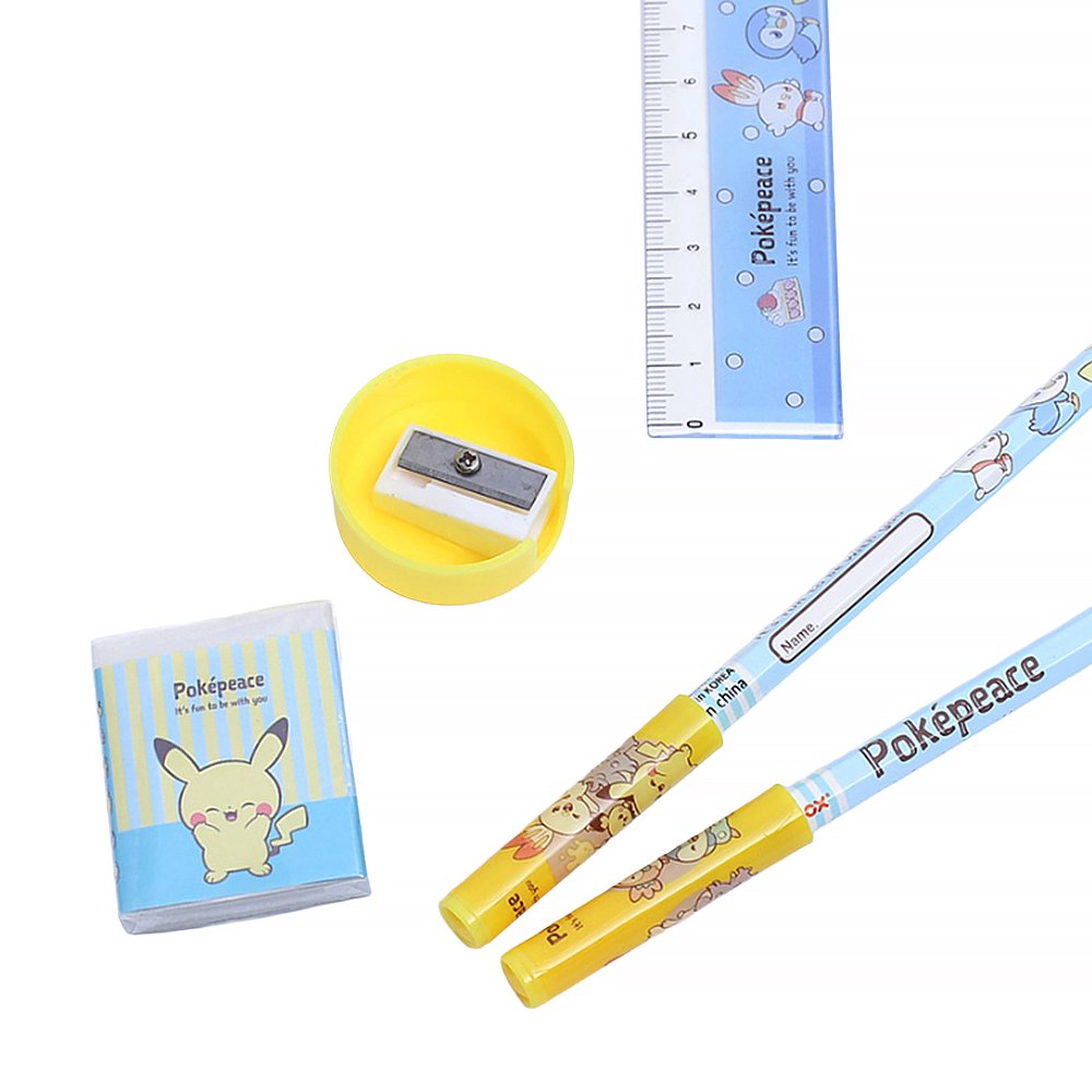 Two officially licensed Pokemon "Pokepeace" stationery gift sets side-by-side. The sets include two pencils, a ruler, a sharpener, an eraser, and two pencil caps.